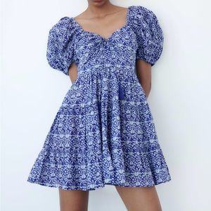 Zara Blue & White Floral Printed Dress
